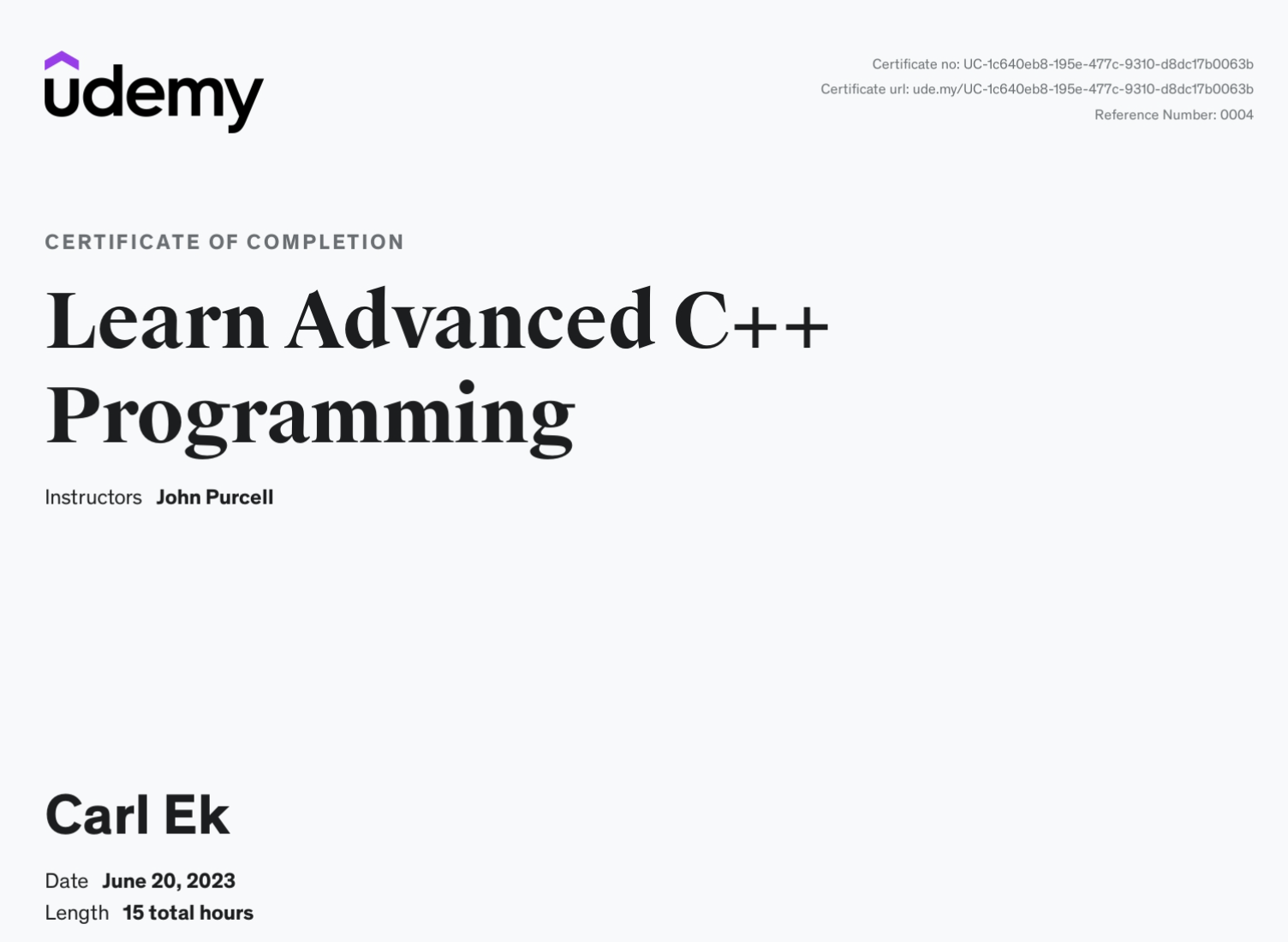 Advanced C++ Programming certificate