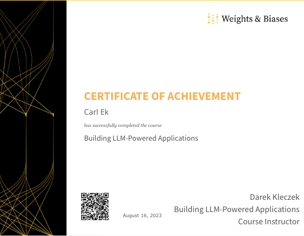 Building LLM Powered Applications certificate