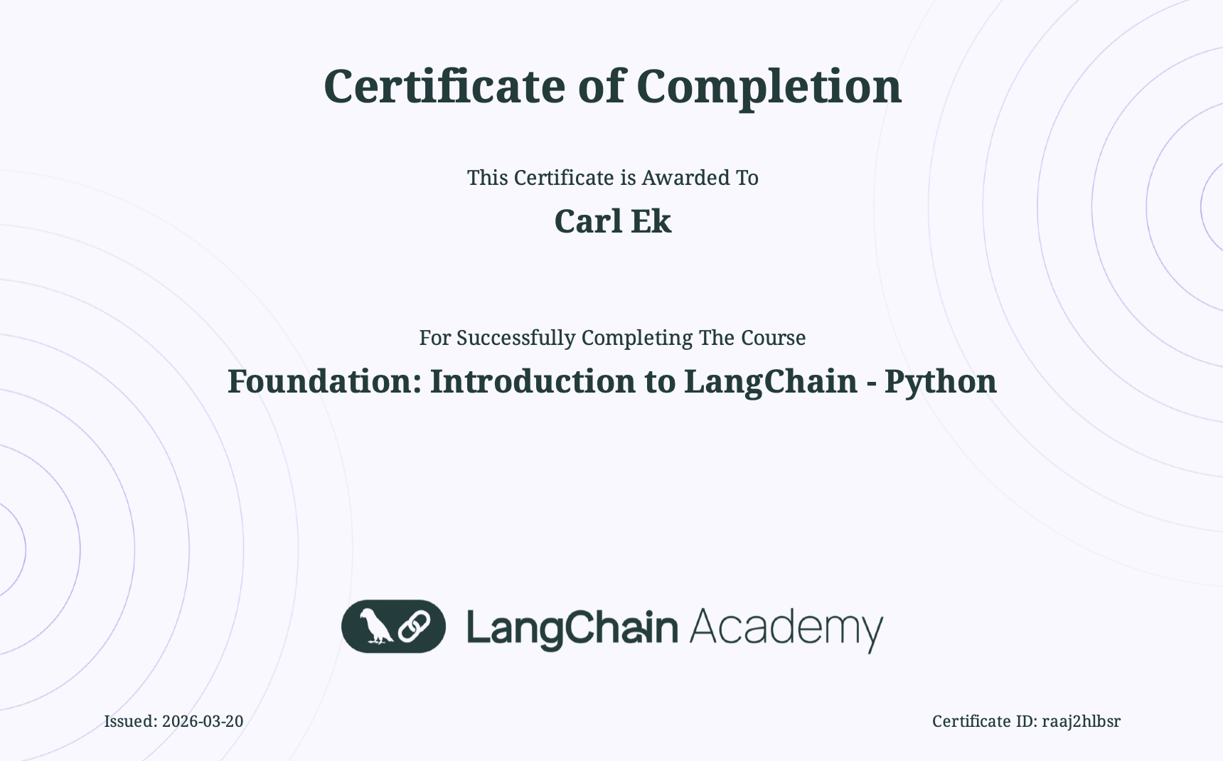 LangChain Foundations Agents certificate
